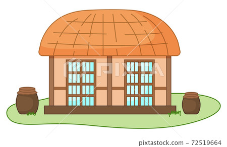 Asian village old house vector illustration. Thatched-roof rural building standing on green grass 72519664