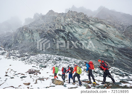 Hikers walking at the bottom of Grossglockner mountain. 72519895