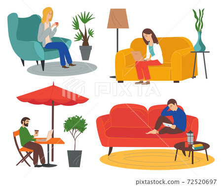 Relaxing people woman drink coffee, girl using laptop, man in outdoors cafe, guy with digital tablet 72520697