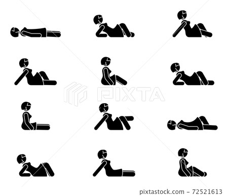 Stick figure female lie down various positions vector illustration icon set. Woman person sleeping, laying, sitting on floor, ground side view silhouette pictogram 72521613
