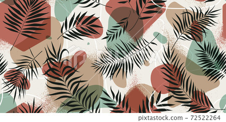Seamless pattern with geometric shapes and exotic tropical leaves in pastel colors, trendy minimalistic vector background Seamless pattern with geometric shapes and exotic tropical leaves in pastel colors, trendy minimalistic vector background 72522264