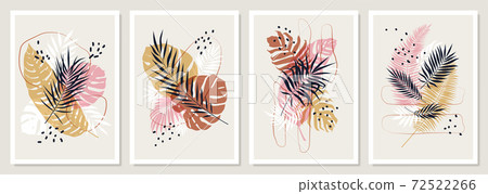 Pastel compositions from colored tropical leaves and branches, Decorative vector trendy posters botanical collage, for print, cover, wallpaper, minimal wall art Pastel compositions from colored tropical leaves and branches, Decorative vector trendy posters botanical collage, for print, cover, wallpaper, minimal wall art 72522266