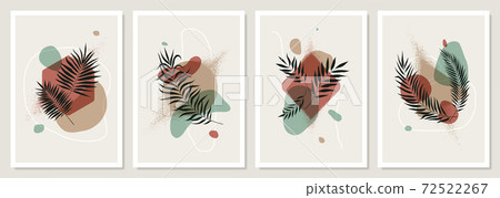 Minimalist posters with shapes and tropical leaves in pastel colors, set of trendy compositions contemporary collage style, wall art decoration, postcard, cover design, vector illustration Minimalist posters with shapes and tropical leaves in pastel colors, set of trendy compositions contemporary collage style, wall art decoration, postcard, cover design, vector illustration 72522267