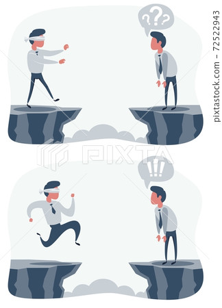 Man walk to the cliff. Blindfolded businessman run to the cliff. Business concept. Man walk to the cliff. Blindfolded businessman run to the cliff. Business concept. 72522943