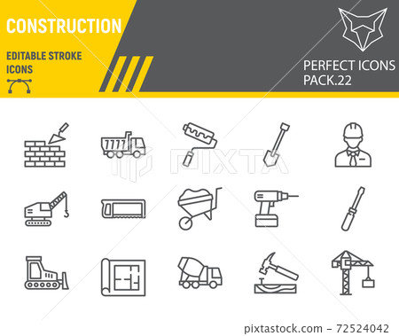 Construction line icon set, repair collection, vector sketches, logo illustrations, construction icons, building equipments signs linear pictograms, editable stroke. Construction line icon set, repair collection, vector sketches, logo illustrations, construction icons, building equipments signs linear pictograms, editable stroke. 72524042