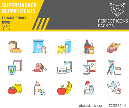 Supermarket departments color line icon set, grocery collection, vector sketches, logo illustrations, online sales icons, supermarket department signs filled outline pictograms, editable stroke. 72524044