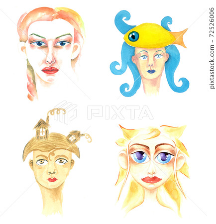 Set collage four female portreits, avatars for Instagram, icons, 72526006