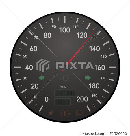 Speedo meter, full throttle, car cockpit display with scale from zero to 200 kmh. Speedometer with warning lights, red pointer, digital mileage, turn signal indicator. Isolated vector on white. 72526630