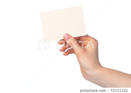 Woman's hand with blank white business card isolated on white Woman's hand with blank white business card isolated on white 72531182