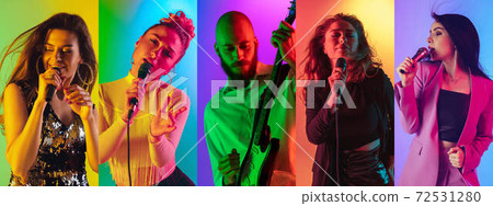 Collage of portraits of young people on multicolored background in neon light 72531280