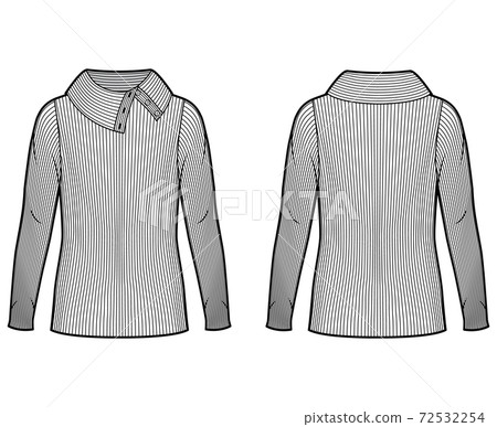 Wide button-up turtleneck ribbed-knit sweater technical fashion illustration with long sleeves, oversized body.  72532254
