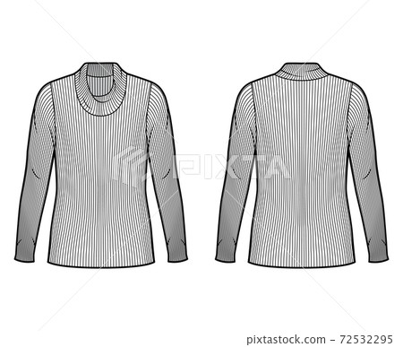 Ribbed cowl turtleneck knit sweater technical fashion illustration with long sleeves, oversized body, tunic length.  72532295