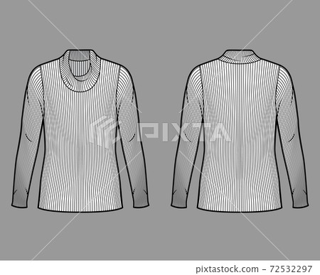 Ribbed cowl turtleneck knit sweater technical fashion illustration with long sleeves, oversized body, tunic length.  72532297