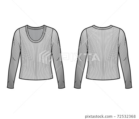 Ribbed scoop neck knit sweater technical fashion illustration with long sleeves, oversized body  72532368