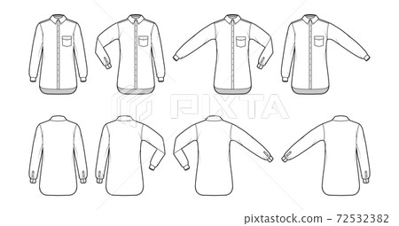 Set of Shirt button-down technical fashion illustration with angled pocket, elbow fold, straight long sleeves, oversized 72532382