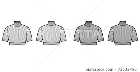 Cropped turtleneck ribbed-knit sweater technical fashion illustration with short sleeves, close-fitting shape.  72532456