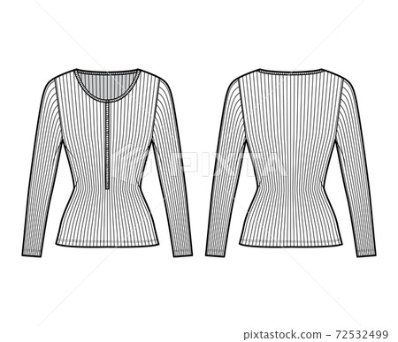 Ribbed cotton-jersey top technical fashion illustration with long sleeves, slim fit, scoop henley neckline. Flat shirt 72532499