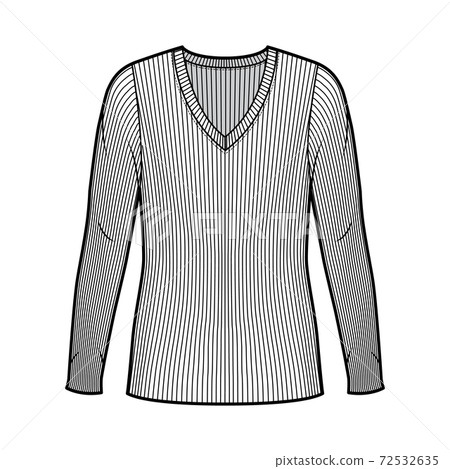 Ribbed V-neck knit sweater technical fashion illustration with long sleeves, oversized body, tunic length.  72532635