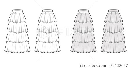 Skirt 4 layered flounce maxi technical fashion illustration with floor ankle lengths silhouette, circular fullness. Flat Skirt 4 layered flounce maxi technical fashion illustration with floor ankle lengths silhouette, circular fullness. Flat 72532657