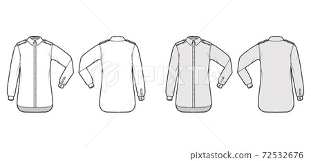 Shirt epaulette technical fashion illustration with elbow fold long sleeve, oversized, button-down opening, collar Shirt epaulette technical fashion illustration with elbow fold long sleeve, oversized, button-down opening, collar 72532676