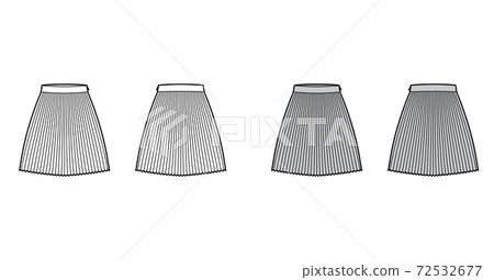 Skirt sunray pleat technical fashion illustration with under-the-knee length silhouette, circular fullness. Flat bottom Skirt sunray pleat technical fashion illustration with under-the-knee length silhouette, circular fullness. Flat bottom 72532677