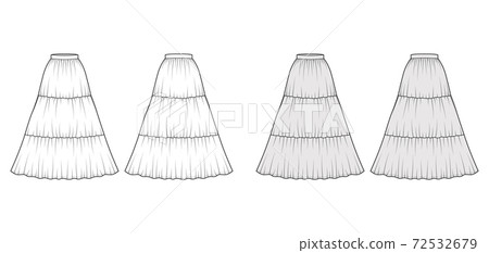 Skirt gypsy dirndl technical fashion illustration with maxi floor length silhouette, circular fullness. Flat bottom Skirt gypsy dirndl technical fashion illustration with maxi floor length silhouette, circular fullness. Flat bottom 72532679