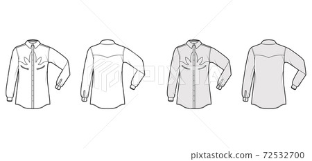 Shirt western technical fashion illustration with elbow fold long sleeves, reinforced pockets, relax fit, yokes, button Shirt western technical fashion illustration with elbow fold long sleeves, reinforced pockets, relax fit, yokes, button 72532700