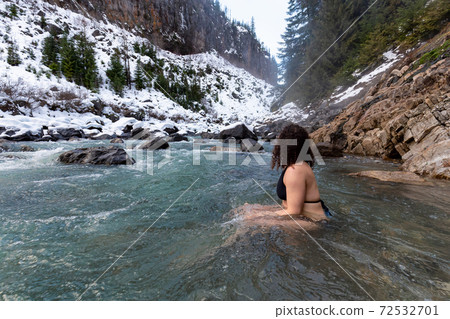 Caucasian Girl swimming in the Ice Cold Freezing Glacier River Caucasian Girl swimming in the Ice Cold Freezing Glacier River 72532701