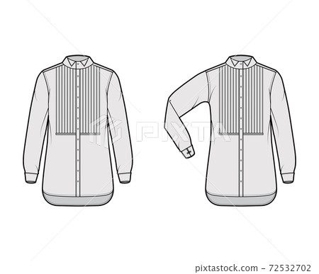 Set of Shirt tuxedo dress technical fashion illustration with pleated pintucked bib, elbow fold long sleeves french cuff Set of Shirt tuxedo dress technical fashion illustration with pleated pintucked bib, elbow fold long sleeves french cuff 72532702