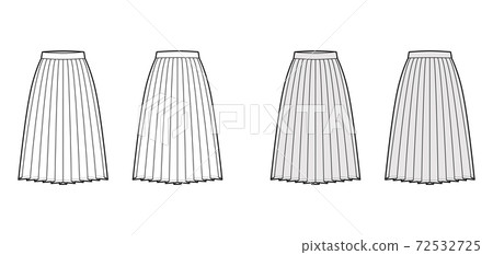 Skirt side knife pleat technical fashion illustration with below-the-knee silhouette, circular fullness, thick waistband Skirt side knife pleat technical fashion illustration with below-the-knee silhouette, circular fullness, thick waistband 72532725