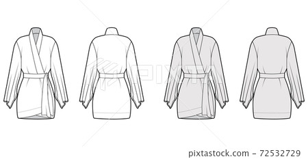 Kimono robe technical fashion illustration with long wide sleeves, belt to cinch the waist, above-the-knee length. 72532729