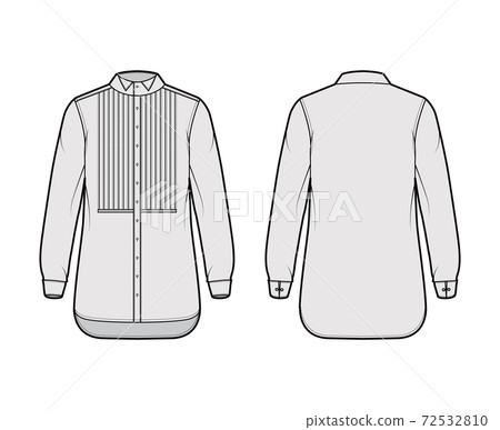 Shirt tuxedo dress technical fashion illustration with pleated pintucked bib, long sleeves with french cuff, wing collar 72532810