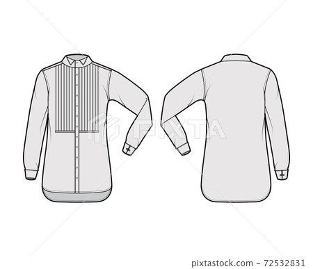 Shirt tuxedo dress technical fashion illustration with pleated pintucked bib, elbow fold long sleeves with french cuff Shirt tuxedo dress technical fashion illustration with pleated pintucked bib, elbow fold long sleeves with french cuff 72532831
