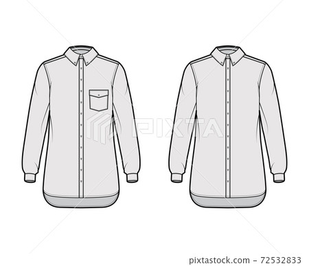 Set of Shirt button-down technical fashion illustration with angled pocket, elbow fold, straight long sleeves, oversized Set of Shirt button-down technical fashion illustration with angled pocket, elbow fold, straight long sleeves, oversized 72532833