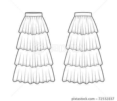 Skirt 4 layered flounce maxi technical fashion illustration with floor ankle lengths silhouette, circular fullness. Flat Skirt 4 layered flounce maxi technical fashion illustration with floor ankle lengths silhouette, circular fullness. Flat 72532837
