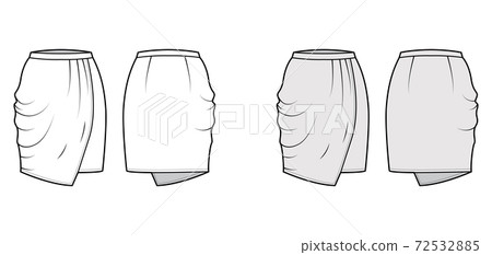 Skirt drapped technical fashion illustration with straight semi fitted knee silhouette, pencil fullness, thin waistband Skirt drapped technical fashion illustration with straight semi fitted knee silhouette, pencil fullness, thin waistband 72532885