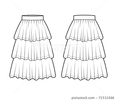 Skirt layered ruffle tiared flounce technical fashion illustration with below-the-knee lengths, circle silhouette. Flat 72532886
