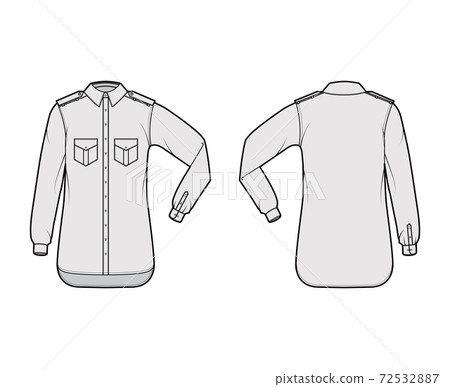 Shirt epaulette technical fashion illustration with flaps angled pockets, elbow fold long sleeve, relax fit, button-down Shirt epaulette technical fashion illustration with flaps angled pockets, elbow fold long sleeve, relax fit, button-down 72532887