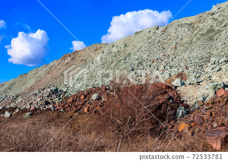 View of slag heaps of iron ore quarry. Mining industry 72533781