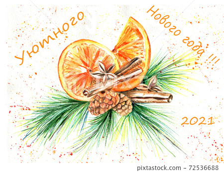Watercolor Christmas card with Christmas bouquet and orange 72536688