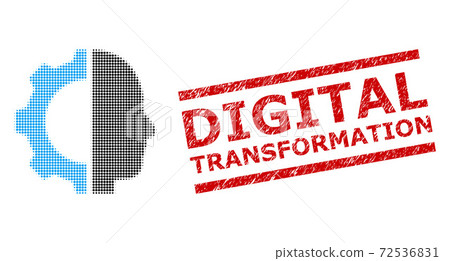 Grunge Digital Transformation Stamp and Halftone Dotted Cyborg Gear Grunge Digital Transformation Stamp and Halftone Dotted Cyborg Gear 72536831