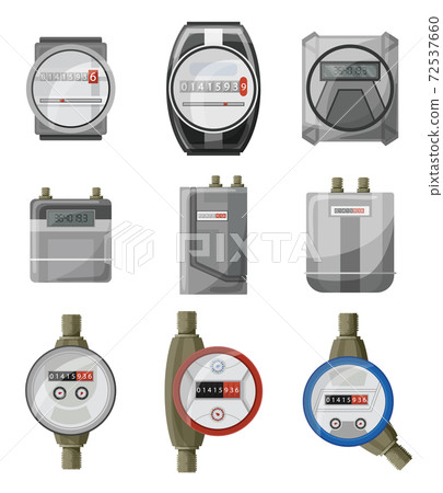 Meters counters. Electric power, gas, water meter vector cartoon set icon. Isolated symbol collection on white background 72537660