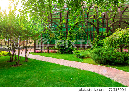 footpath with a green lawn and bushes in the background gazebo arched wooden frame in the backyard garden. 72537904
