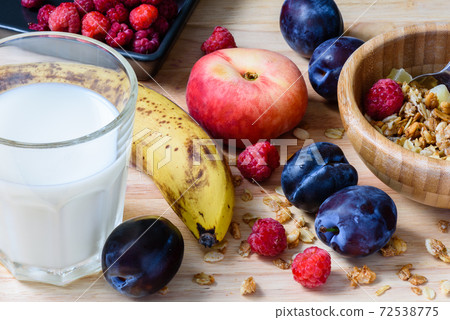 Super breakfast with muesli, berries, fruits and milk Super breakfast with muesli, berries, fruits and milk 72538775