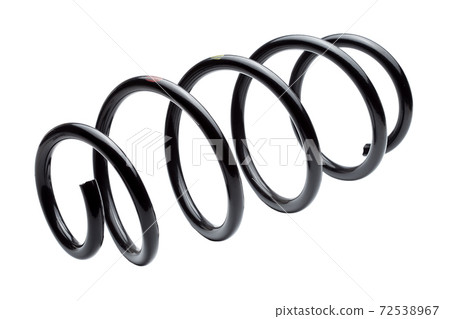 coil spring in black steel car suspension system spare parts, replacement part isolated on white background. coil spring in black steel car suspension system spare parts, replacement part isolated on white background. 72538967