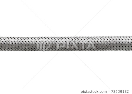 reinforced braided steel hose close-up, plumbing flexible hose binding pattern texture isolated on white background. 72539182