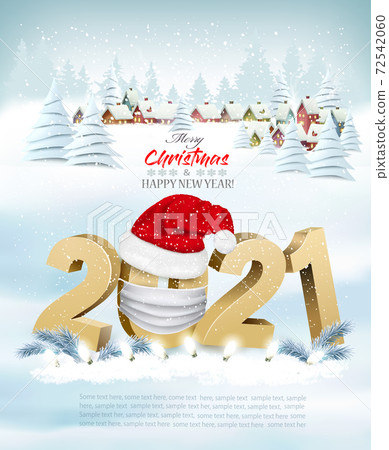 Merry Christmas and New Year holiday background with christmas landscape and 2021 littes and Santa hat. Vector. Merry Christmas and New Year holiday background with christmas landscape and 2021 littes and Santa hat. Vector. 72542060