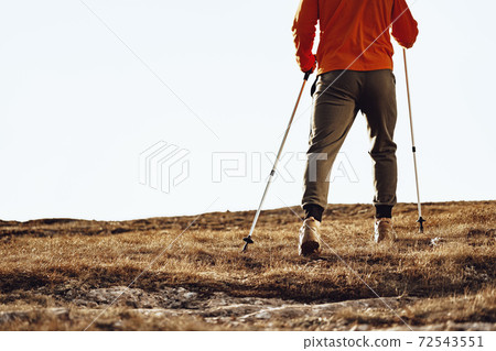 Man traveler with trekking sticks going up the mountain Man traveler with trekking sticks going up the mountain 72543551