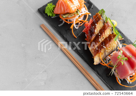 Sashimi sushi of salmon, eel and tuna served on plate Sashimi sushi of salmon, eel and tuna served on plate 72543664