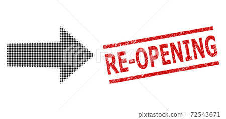 Grunge Re-Opening Seal and Halftone Dotted Arrow Right Grunge Re-Opening Seal and Halftone Dotted Arrow Right 72543671
